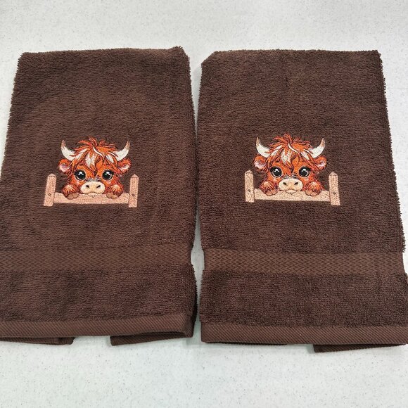 Highland Cow Towels Embroidered Hand Towel Set Beige Brown Cute Bathroom Decor - Picture 2 of 5